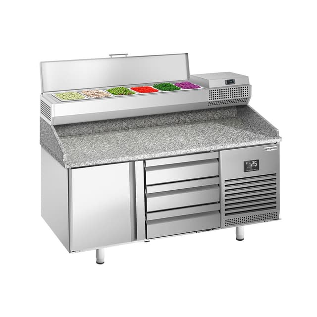 Pizza preparation table Premium PLUS- 1490x700mm - with 1 door & 3 drawers - incl. refrigerated display case - 6x GN 1/4