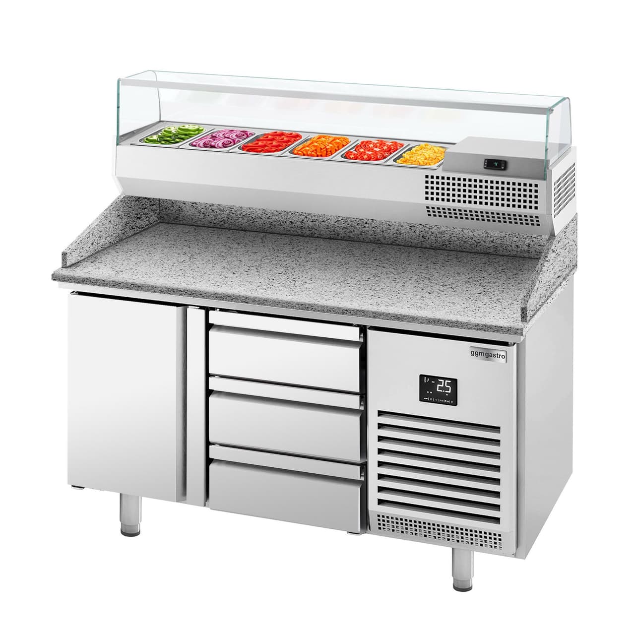 Pizza preparation table Premium PLUS - 1490x700mm - with 1 door & 3 drawers - incl. refrigerated display case - 6x GN 1/4