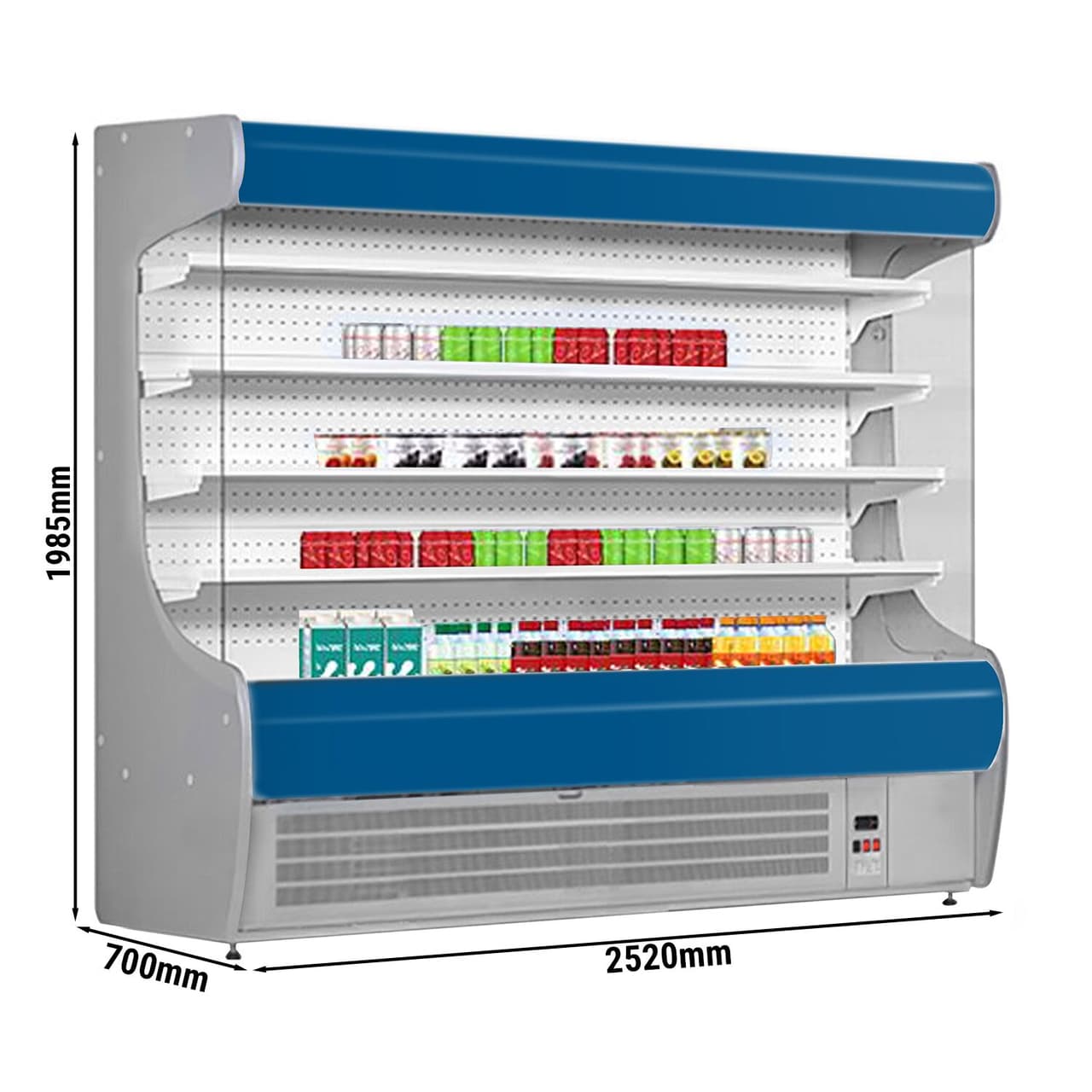 Přístěnný chladicí regál - 2520 mm - s LED osvětlením a 4 policemi - modrý čelní panel