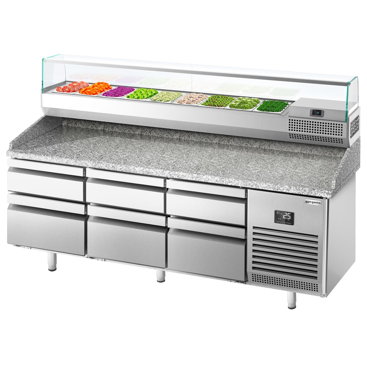 Pizza preparation table Premium PLUS- 1980x700mm - with 6 drawers - incl. refrigerated display case - 9x GN 1/4