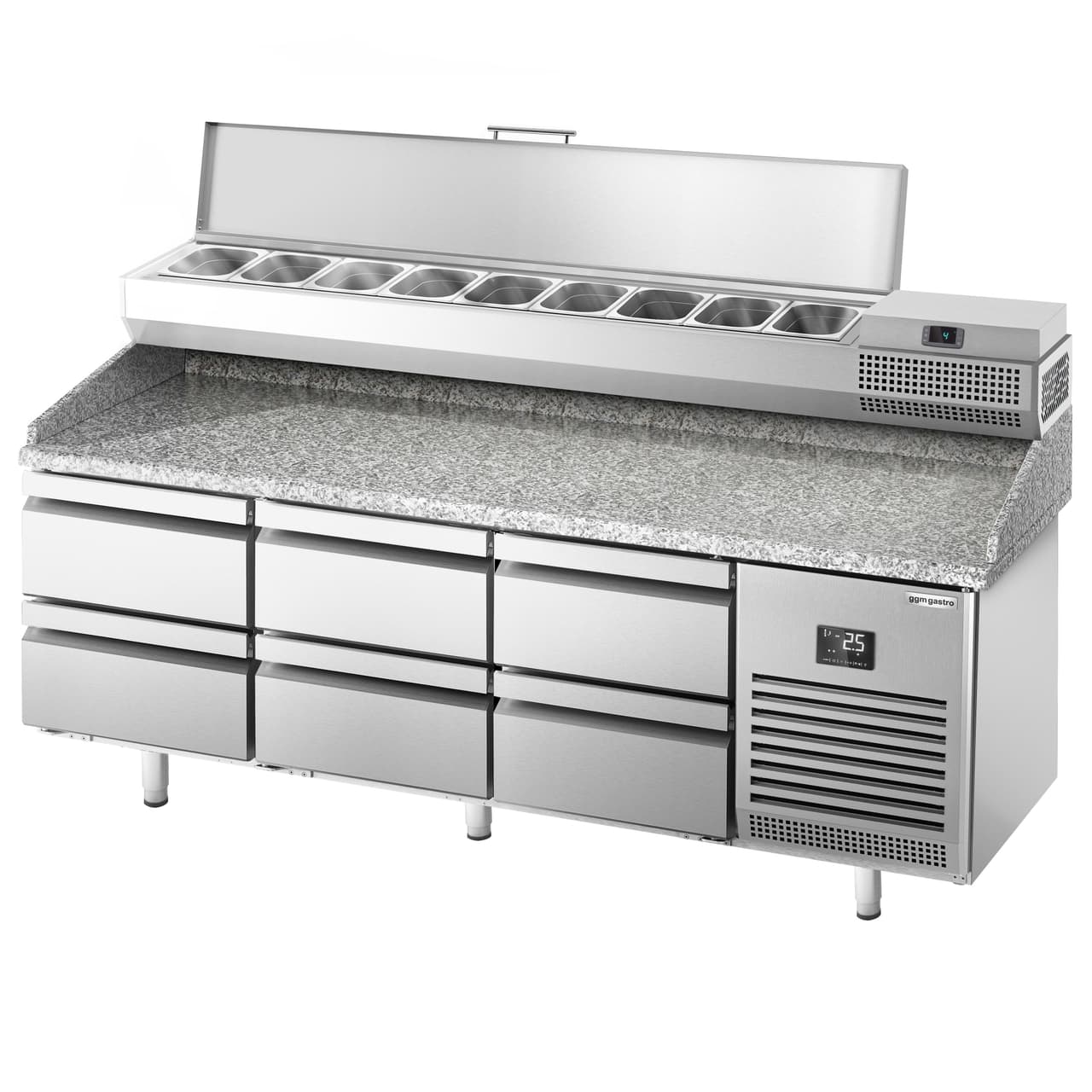 Pizza preparation table Premium PLUS- 1980x700mm - with 6 drawers - incl. refrigerated display case - 9x GN 1/4