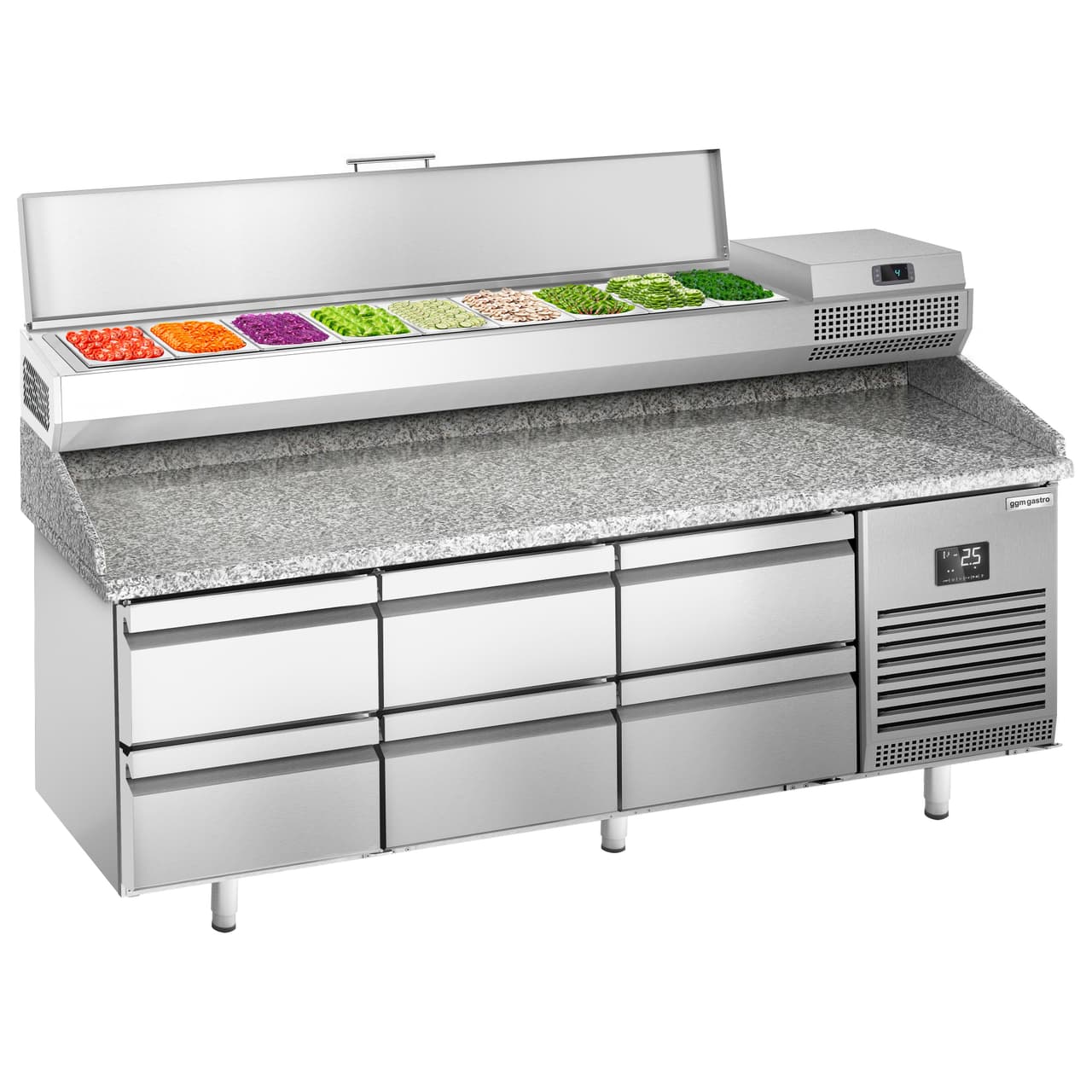 Pizza preparation table Premium PLUS- 1980x700mm - with 6 drawers - incl. refrigerated display case - 9x GN 1/4