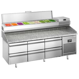 Pizza preparation table Premium PLUS- 1980x700mm - with 6 drawers - incl. refrigerated display case - 9x GN 1/4