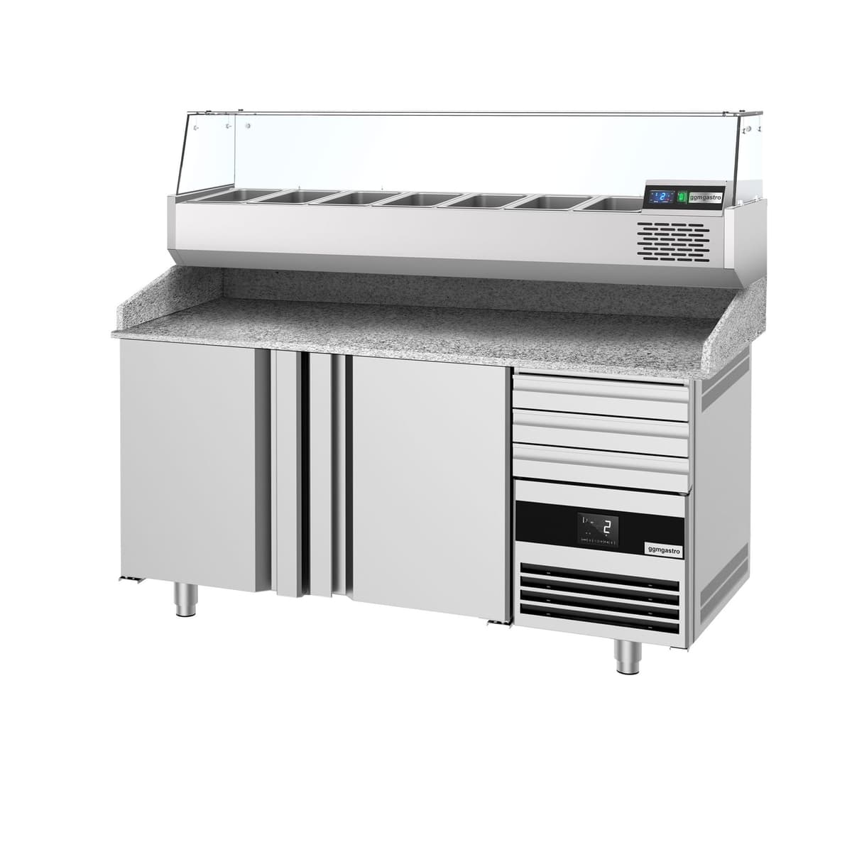 Chladicí stůl na pizzu PREMIUM - 1600x800mm - se 2 dveřmi & 3 zásuvkami - vč. chladicí vitríny - 6x GN 1/3