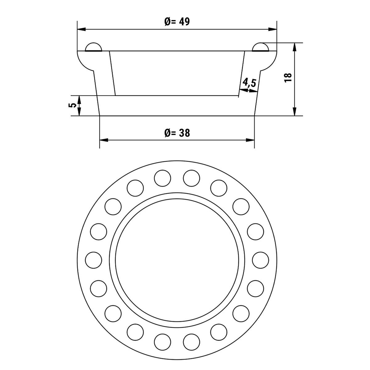 Forma pro stroj na tartaletky - Tvar: kulatý - Ø nahoře: 49 mm, Ø dole: 38 mm / výška: 18 mm