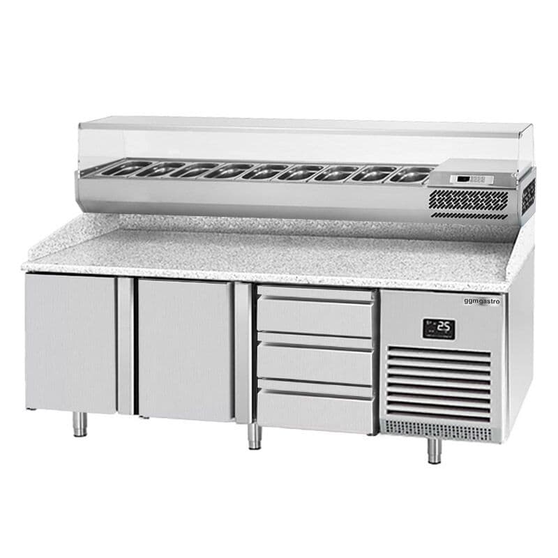 Pizza preparation table Premium PLUS - 1980x700mm - with 2 doors - incl. refrigerated display case - 9x GN 1/4