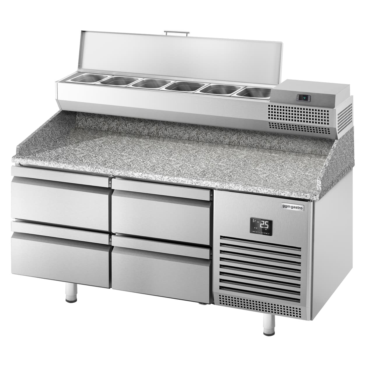 Pizza preparation table Premium PLUS - 1490x700mm - with 4 drawers - incl. refrigerated display case - 6x GN 1/4