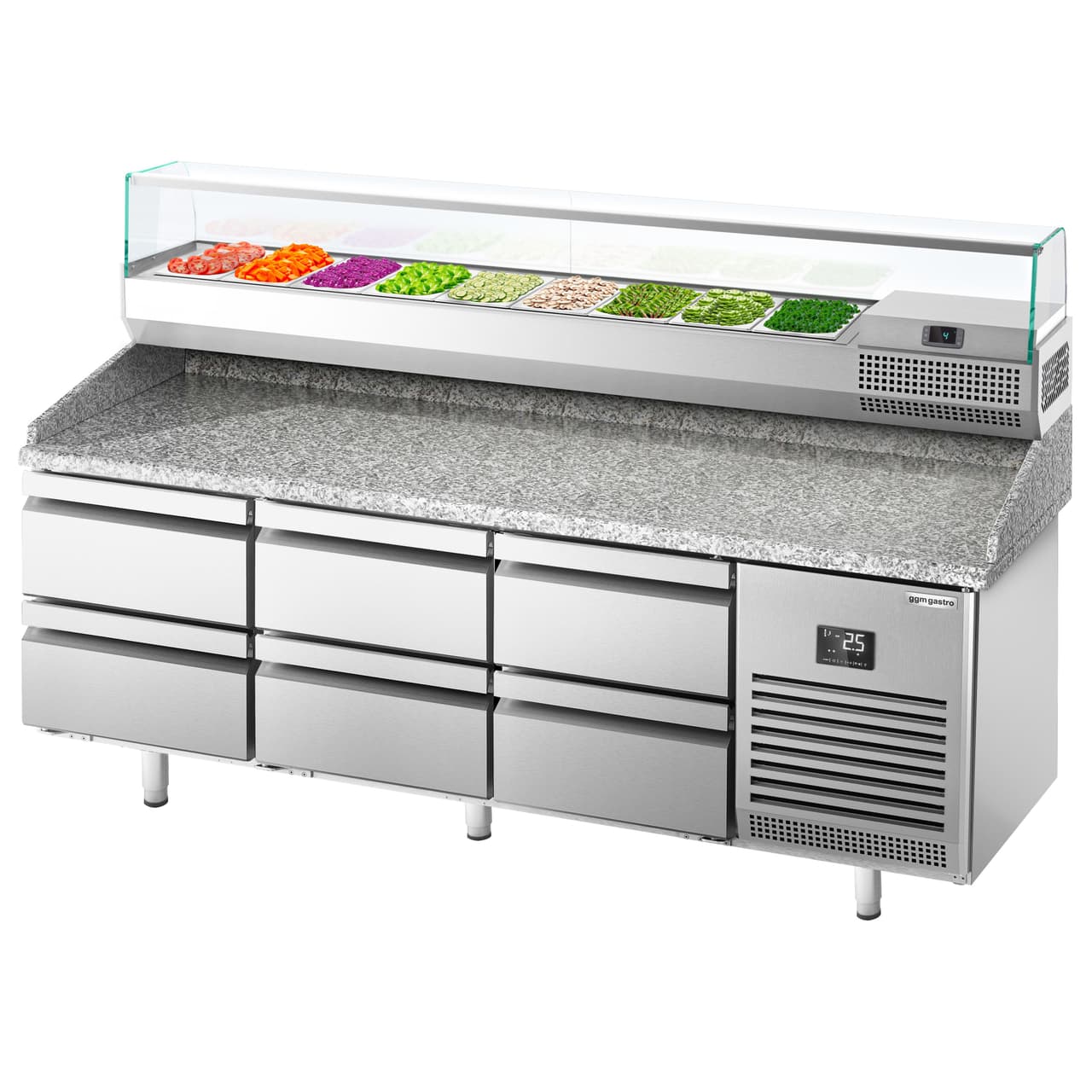 Pizza preparation table Premium PLUS - 1980x700mm - with 6 drawers - incl. refrigerated display case - 9x GN 1/4