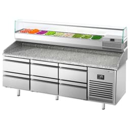 Pizza preparation table Premium PLUS - 1980x700mm - with 6 drawers - incl. refrigerated display case - 9x GN 1/4