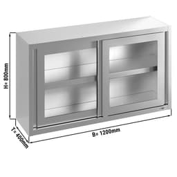 Stainless steel wall cabinet - 1200x400mm - with sliding glass door - 800mm high