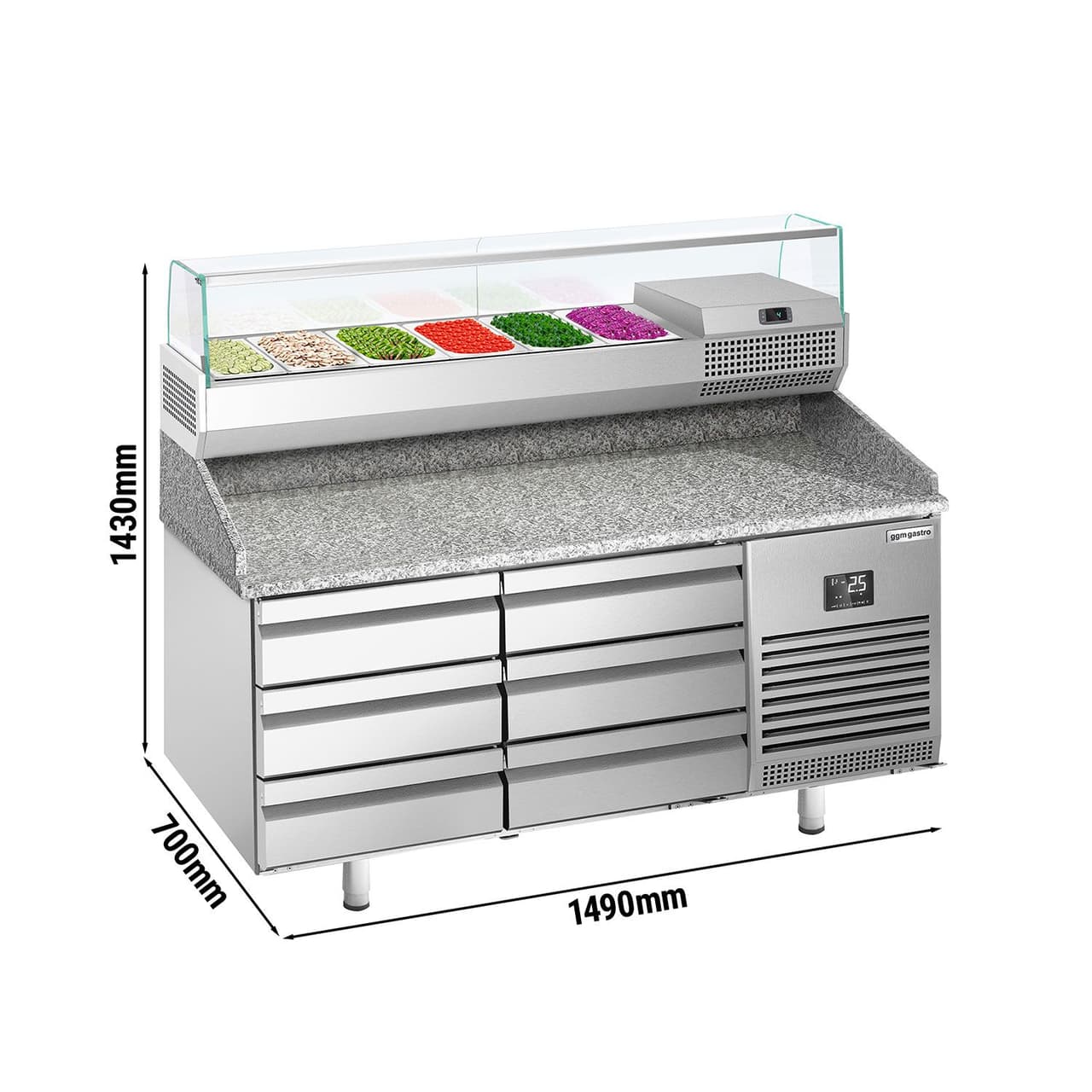 Pizza preparation table Premium PLUS - 1490x700mm - with 6 drawers - incl. refrigerated display case - 6x GN 1/4