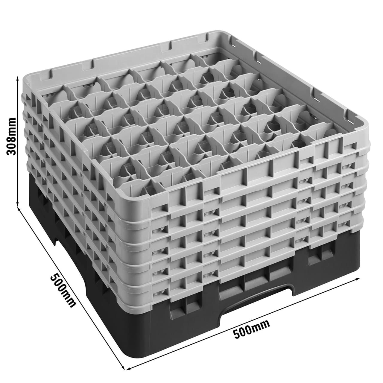 CAMBRO | CAMRACK® - Koš na sklo 1/1 s 5 nástavci - 500x500mm - 36 přihrádek - černý