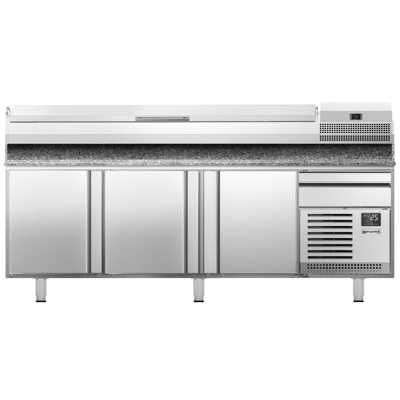 Pizza preparation table Premium PLUS- 2305x800mm - with 3 doors - incl. refrigerated display case - 11x GN 1/4