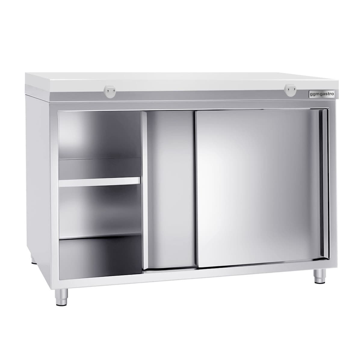 Stainless steel work cabinet PREMIUM - 1400x600mm - with sliding door without backsplash incl. cutting plate