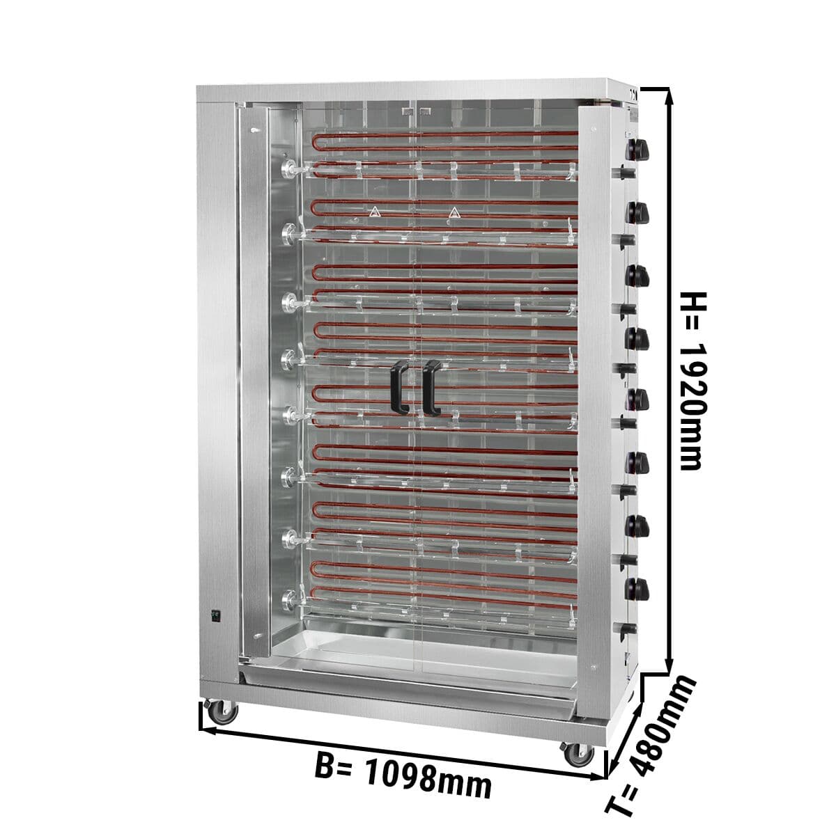 Elektrický gril na kuřata ECO s 8 rožni pro 48 kuřat - 1098 x 480 x 1992 mm