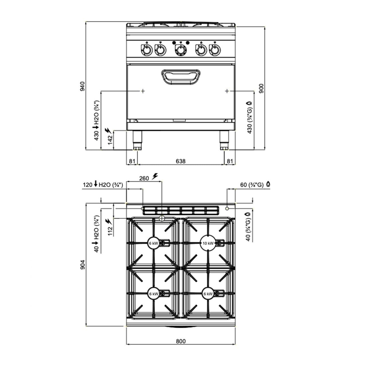 Plynový sporák - se 4 hořáky - 28 kW - vč. elektrické trouby - 4,68 kW