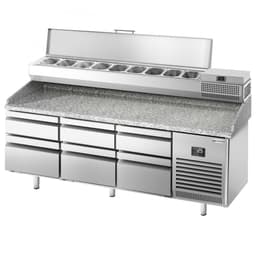 Pizza preparation table Premium PLUS- 1980x700mm - with 6 drawers - incl. refrigerated display case - 9x GN 1/4