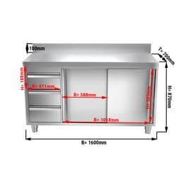 Pracovní skříňka PREMIUM z nerezové oceli - 1,6 m - se 3 šuplíky & obkladovým panelem