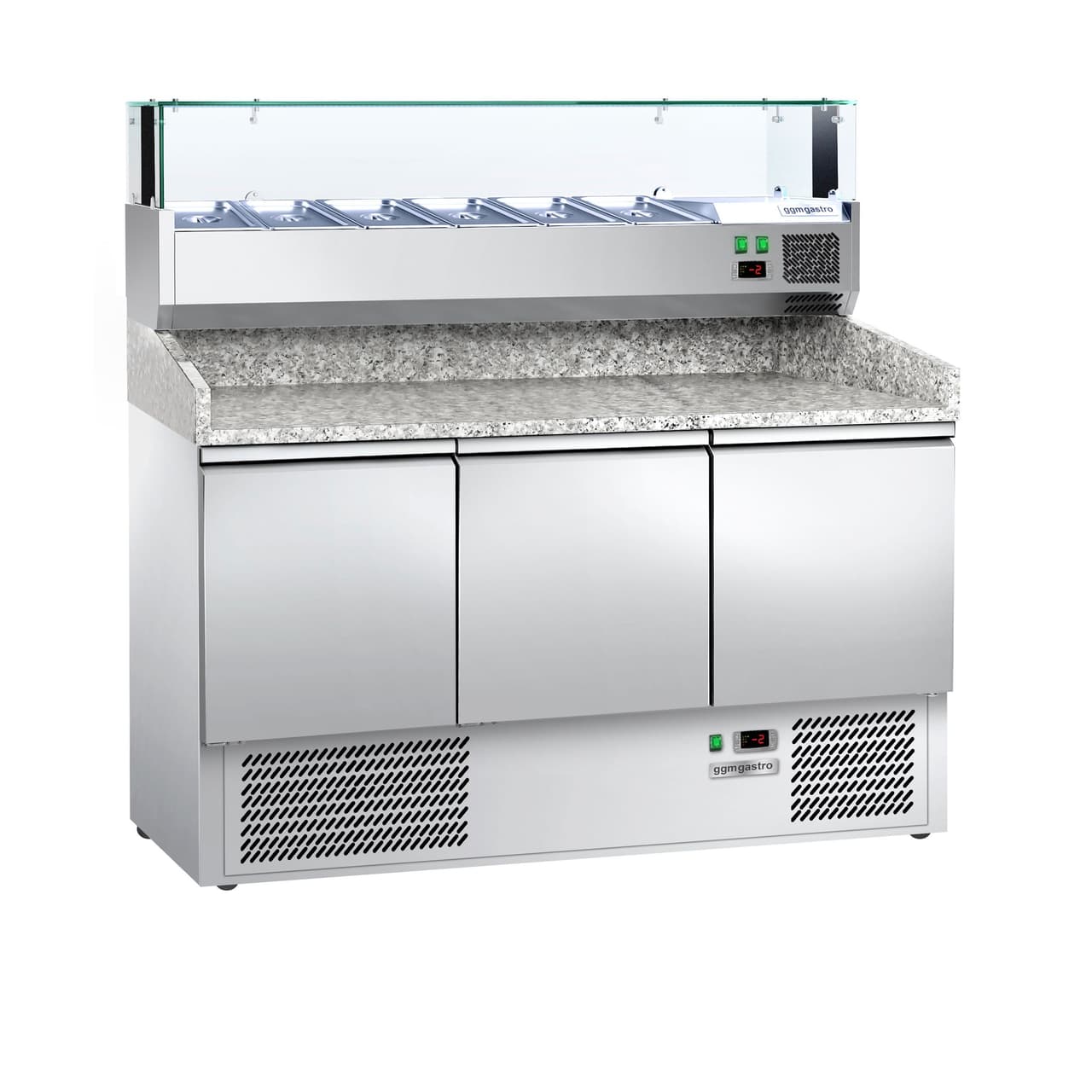 Pizza cooling table ECO - 1400x700mm - with 3 doors - incl. refrigerated display case - 6x GN 1/4