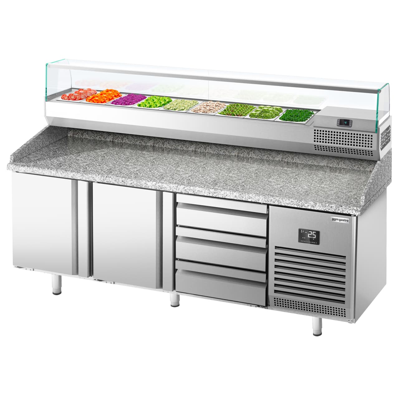 Pizza preparation table Premium PLUS - 1980x700mm - with 2 doors - incl. refrigerated display case - 9x GN 1/4