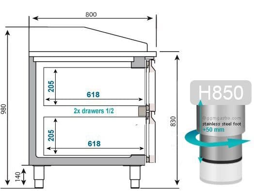 Pizzakühltisch Premium PLUS - 2305x800mm - mit 2 Türen & 2 Schubladen