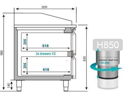 Pizzakühltisch Premium PLUS - 2305x800mm - mit 2 Türen & 2 Schubladen