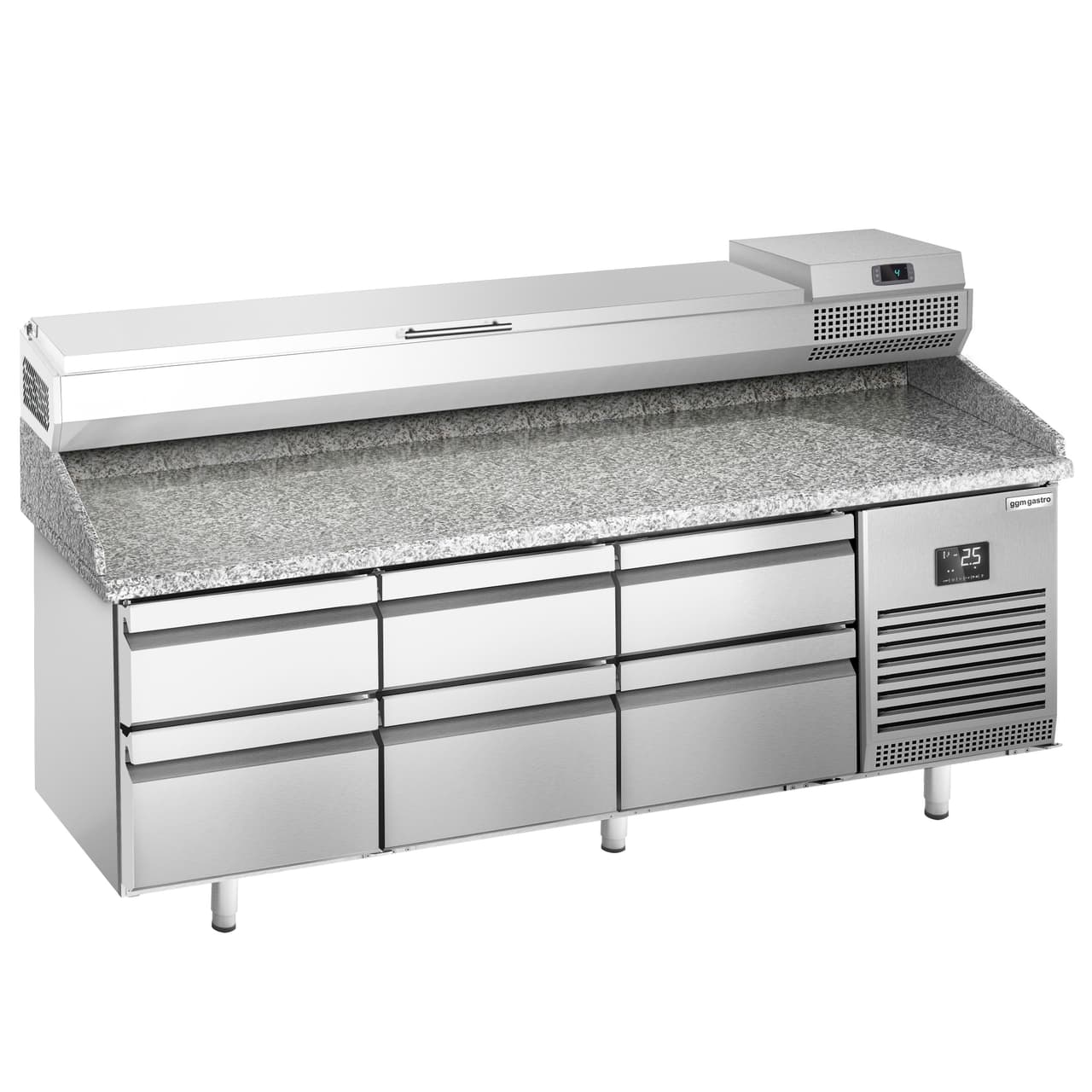 Pizza preparation table Premium PLUS- 1980x700mm - with 6 drawers - incl. refrigerated display case - 9x GN 1/4