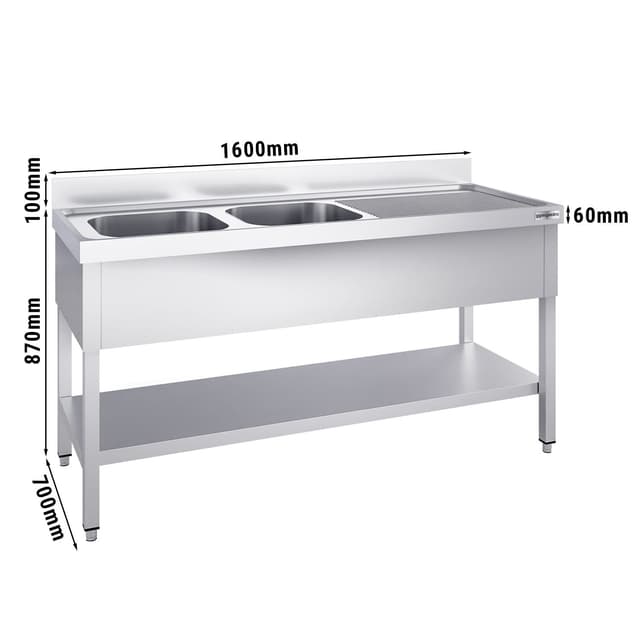 Spültisch PREMIUM - 1600x700mm - mit Grundboden & 2 Becken links