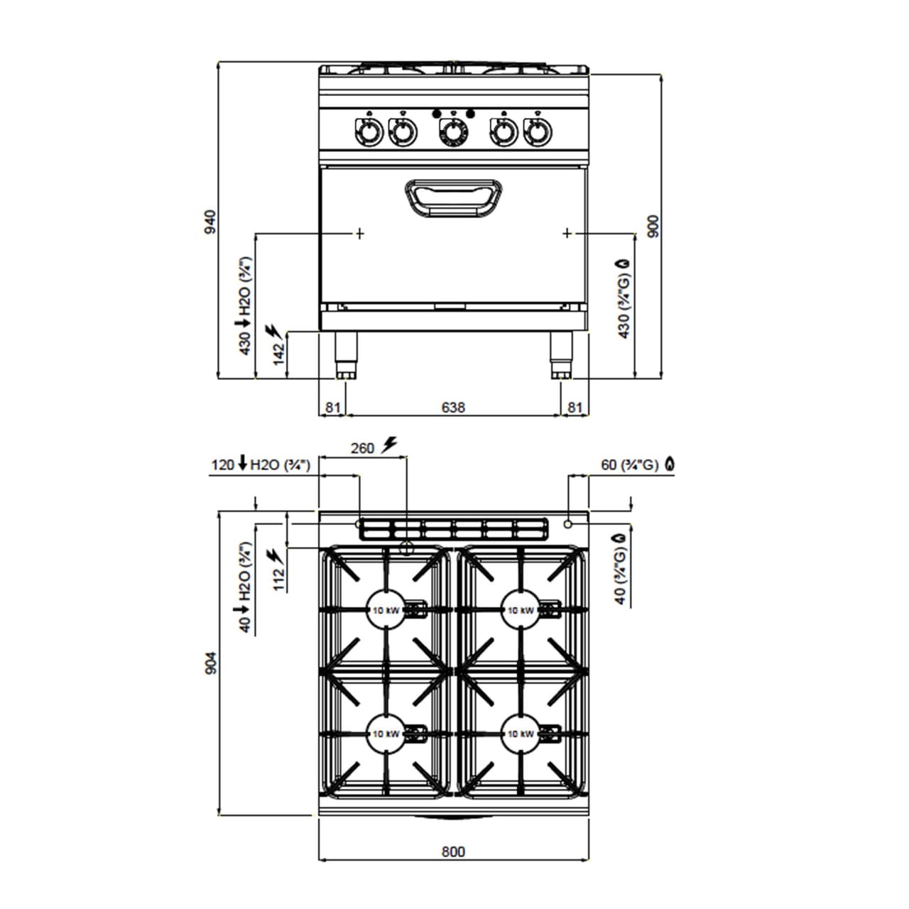 Plynový sporák - se 4 hořáky - 40 kW - vč. elektrické trouby - 4,68 kW - vysoce výkonný model