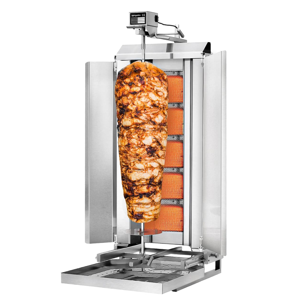 Gril na gyros/kebab - 5 hořáků (pohyblivých) - max. 80 kg - vč. ochranného plechu a křídlových dvířek