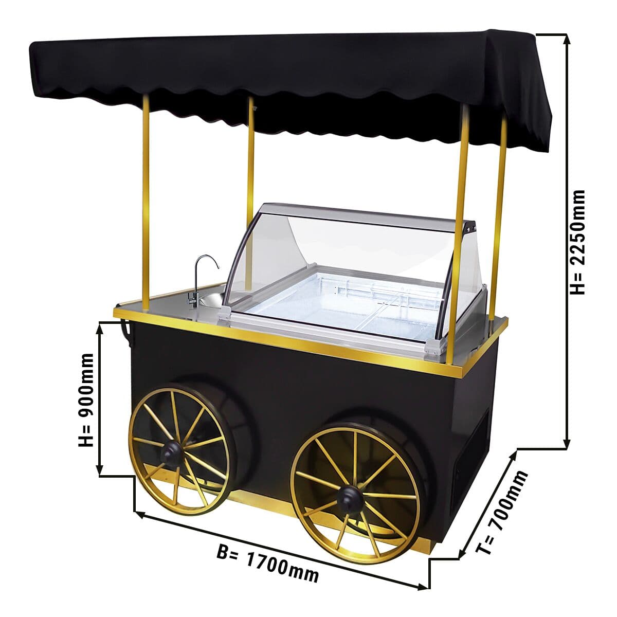 Ice cream trolley - 1700mm - with sink & lighting - for 5x5 Litre ice cream containers