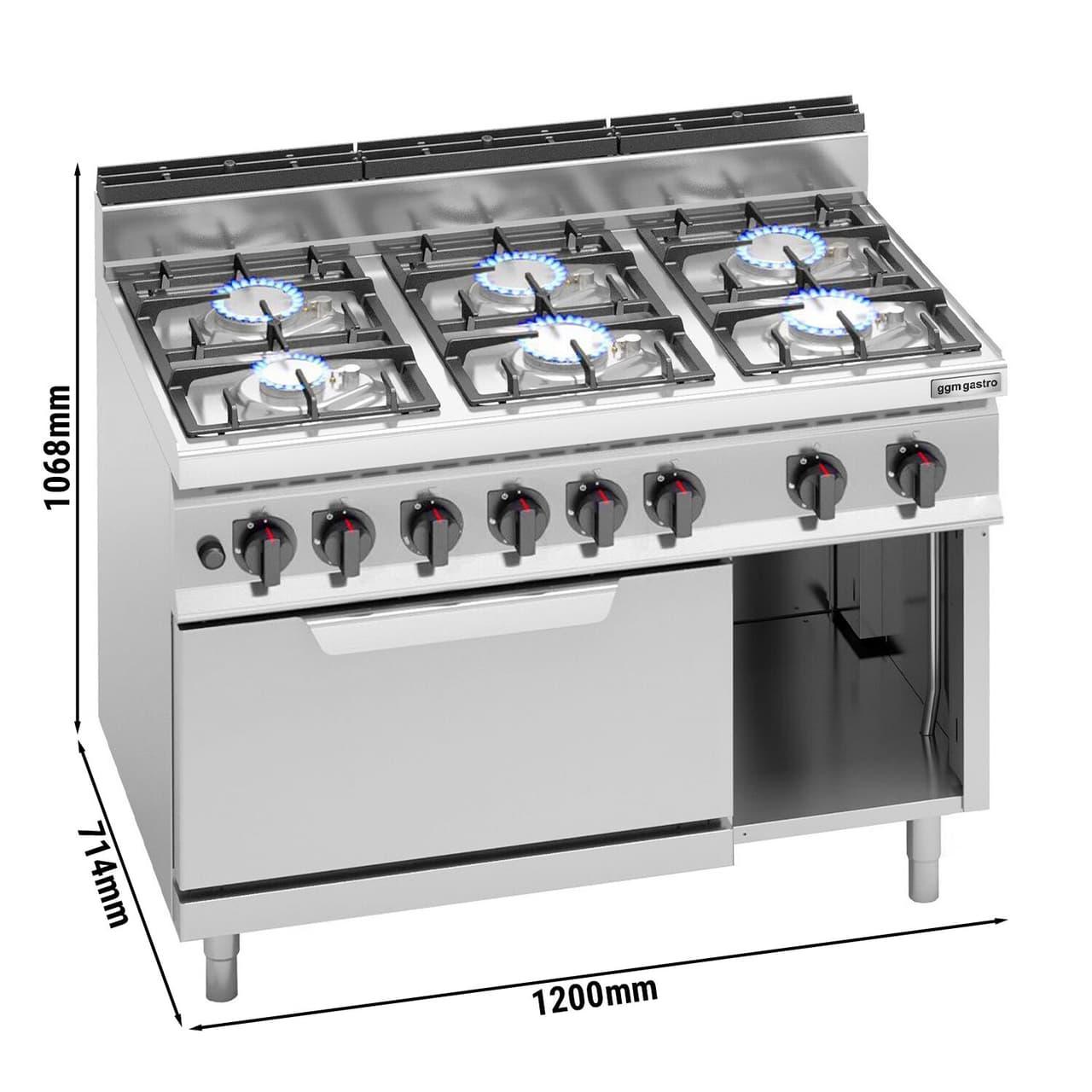 Plynový sporák 6 hořáků (33,5 kW) + elektrická trouba statická (7,5 kW)