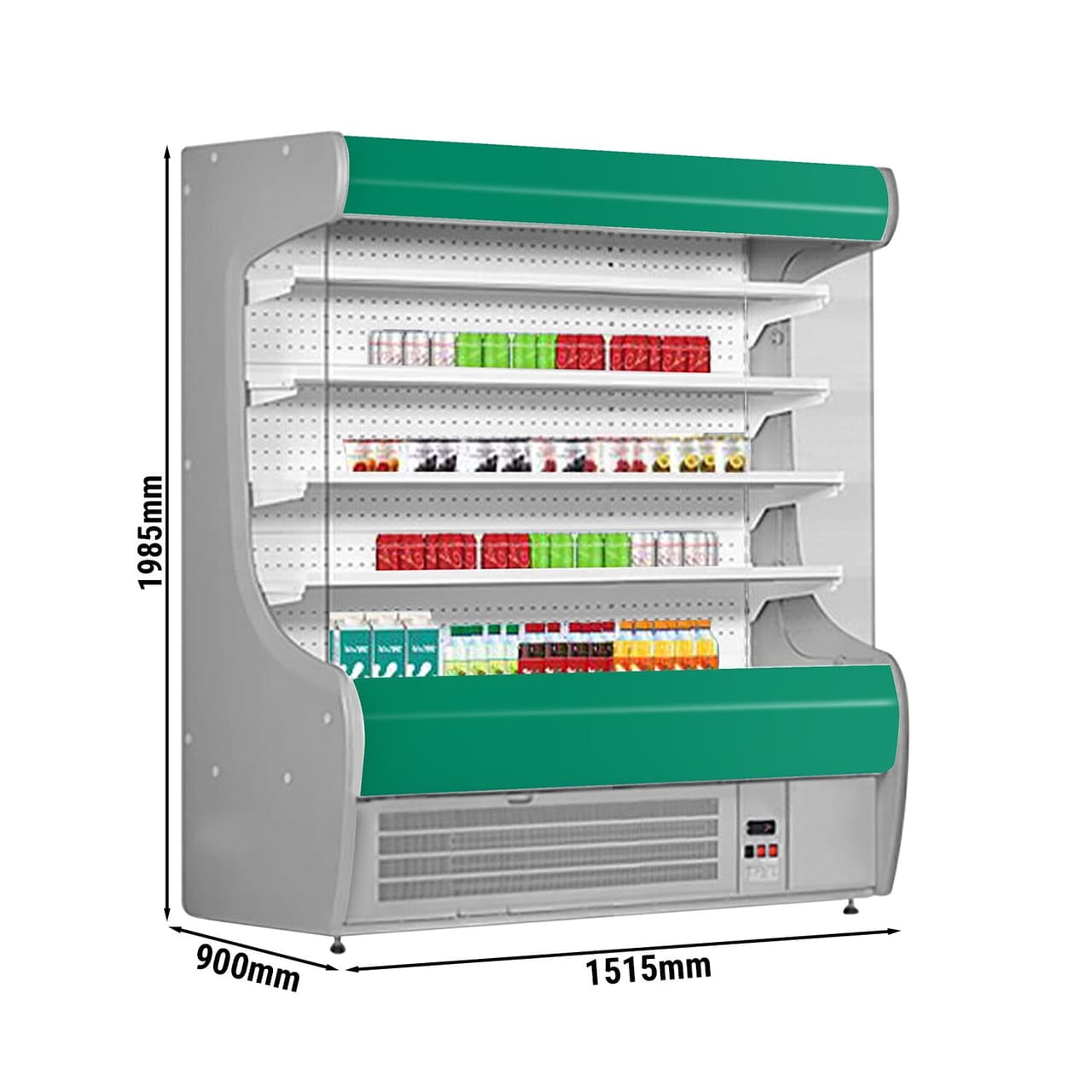 Přístěnný chladicí regál - 1515 mm - s LED osvětlením a 4 policemi - zelený čelní panel