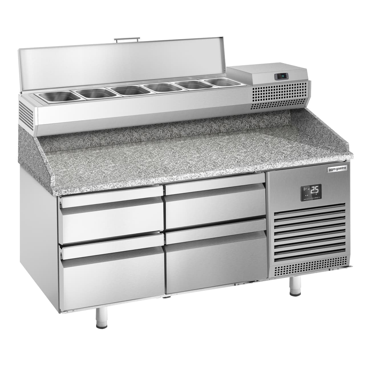 Pizza preparation table Premium PLUS- 1490x700mm - with 4 drawers - incl. refrigerated display case - 6x GN 1/4