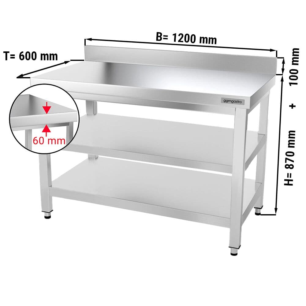 Edelstahl Arbeitstisch PREMIUM - 1200x600mm - mit Grundboden, Aufkantung & Zwischenboden