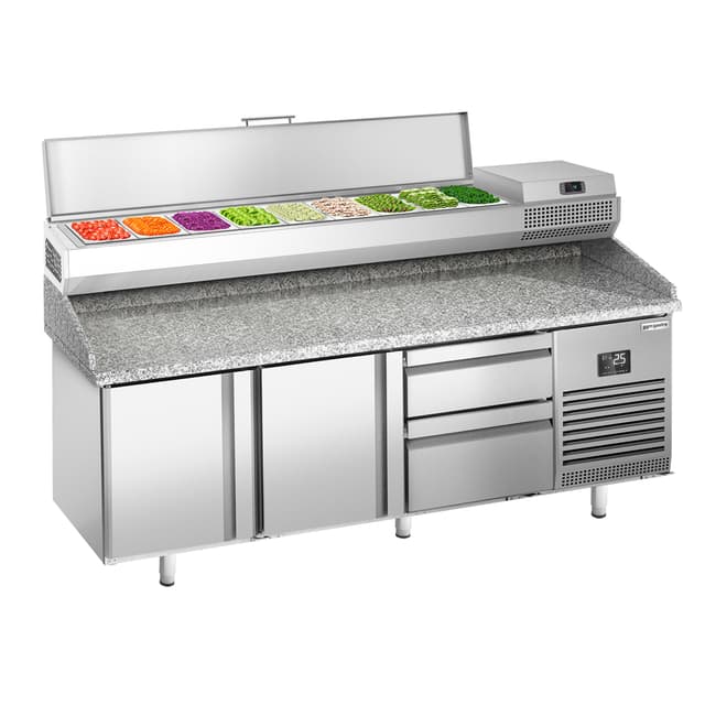 Pizza preparation table Premium PLUS- 1980x700mm - with 2 doors & 2 drawers - incl. refrigerated display case - 9x GN 1/4