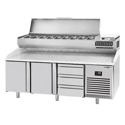 Pizza preparation table Premium PLUS- 1980x700mm - with 2 doors & 3 drawers - incl. refrigerated display case - 9x GN 1/4