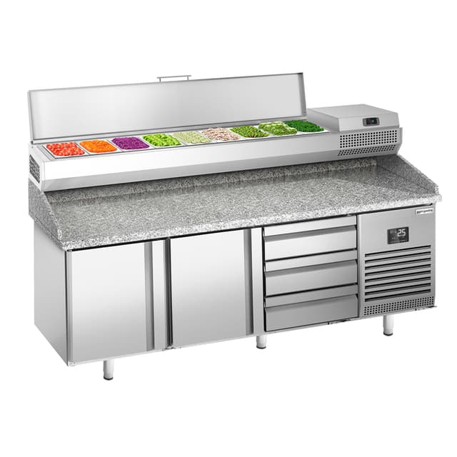 Pizza preparation table Premium PLUS- 1980x700mm - with 2 doors & 3 drawers - incl. refrigerated display case - 9x GN 1/4