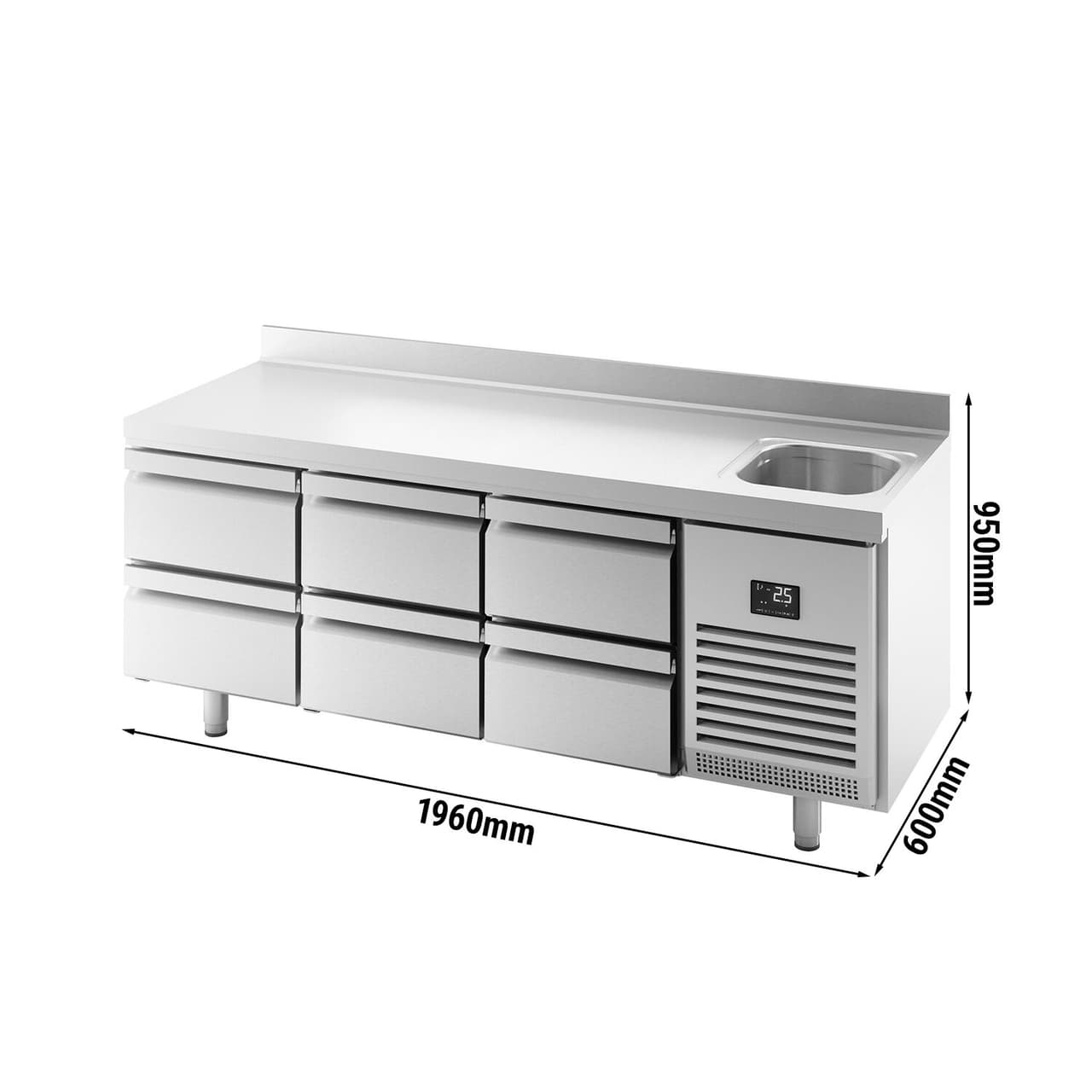 Refrigerated counter Premium PLUS - 1960x600mm - with 1 sink, 6 drawers & backsplash