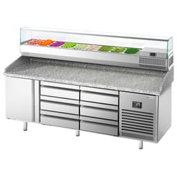 Pizza preparation table Premium PLUS- 1980x700mm - with 1 door & 6 drawers - incl. refrigerated display case - 9x GN 1/4