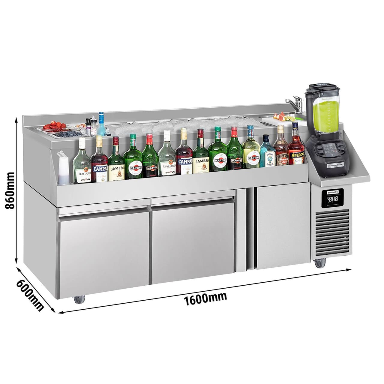 Bar/beverage cooling table - 1600x600mm- 235 Litres- with 1 door, 2 drawers & shelf