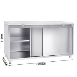 Stainless steel work cabinet PREMIUM - 1800x700mm - with sliding door without backsplash incl. cutting plate