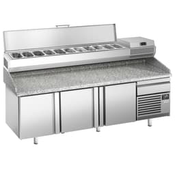 Pizza preparation table Premium PLUS- 2305x800mm - with 3 doors - incl. refrigerated display case - 11x GN 1/4