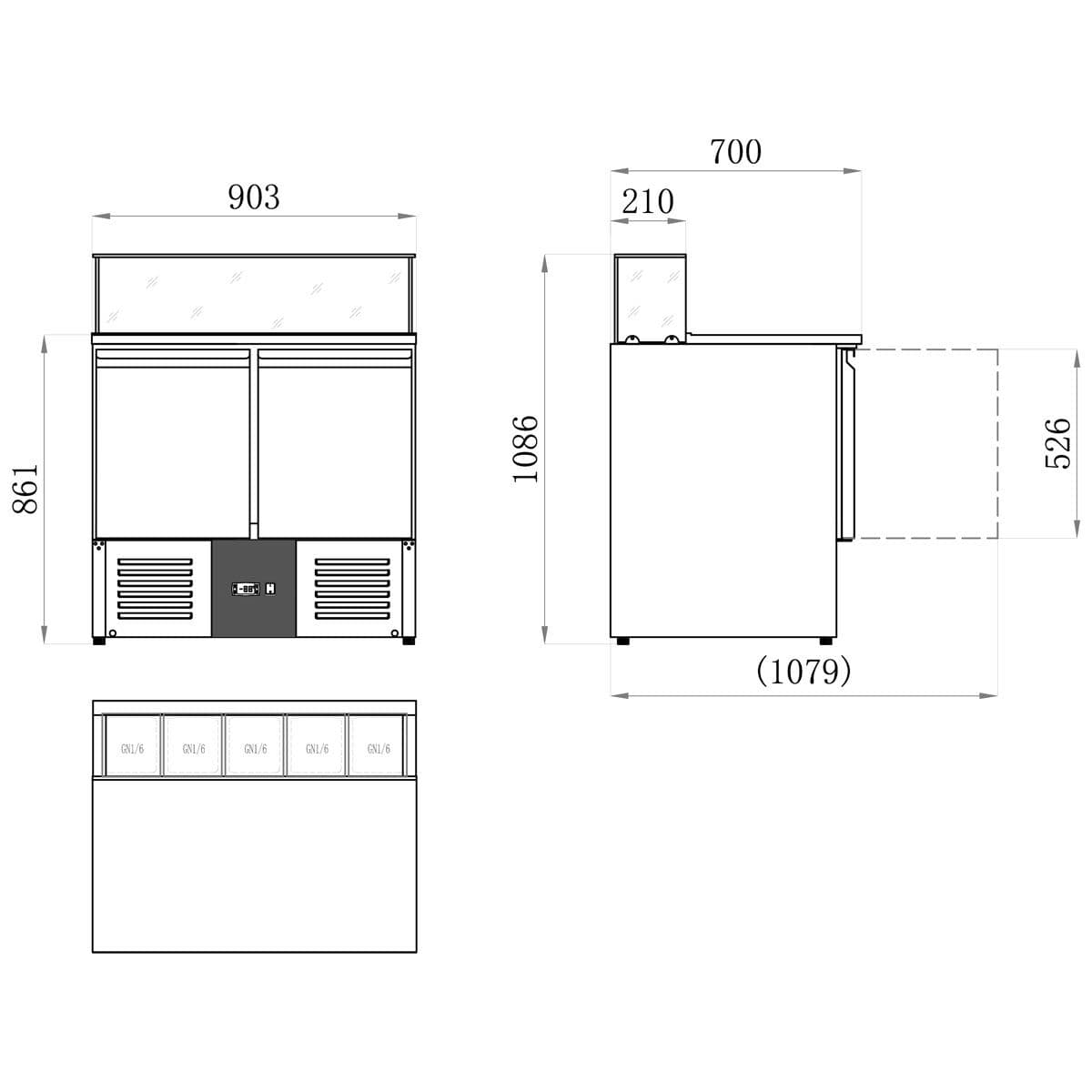 Saladette PREMIUM - 900mm - skleněný nástavec pro 5x Gn 1/6 - se 2 dveřmi