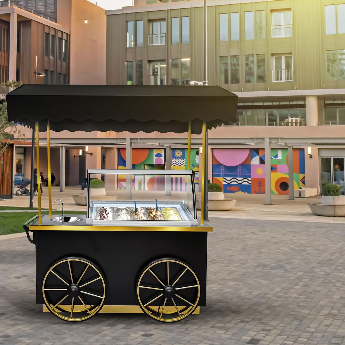 Ice cream trolley - 1900mm - with sink & lighting - for 7x5 Litre ice cream containers