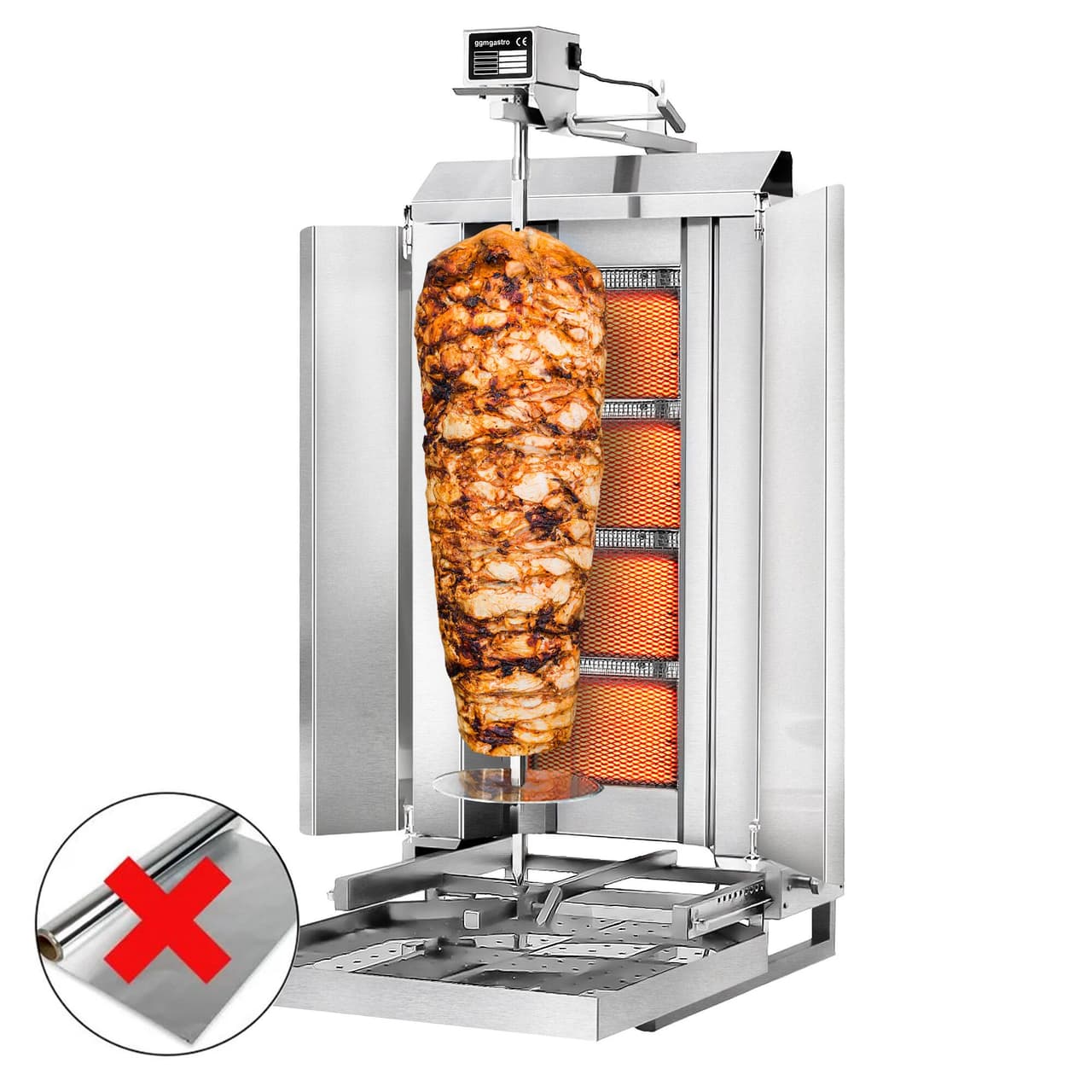 Gril na gyros/kebab - 4 hořáky (pohyblivé) - max. 60 kg - vč. ochranného plechu a křídlových dvířek