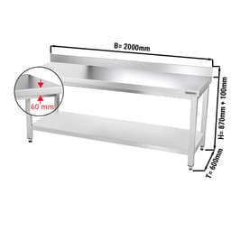 Edelstahl Arbeitstisch PREMIUM - 2000x600mm - mit Grundboden & Aufkantung