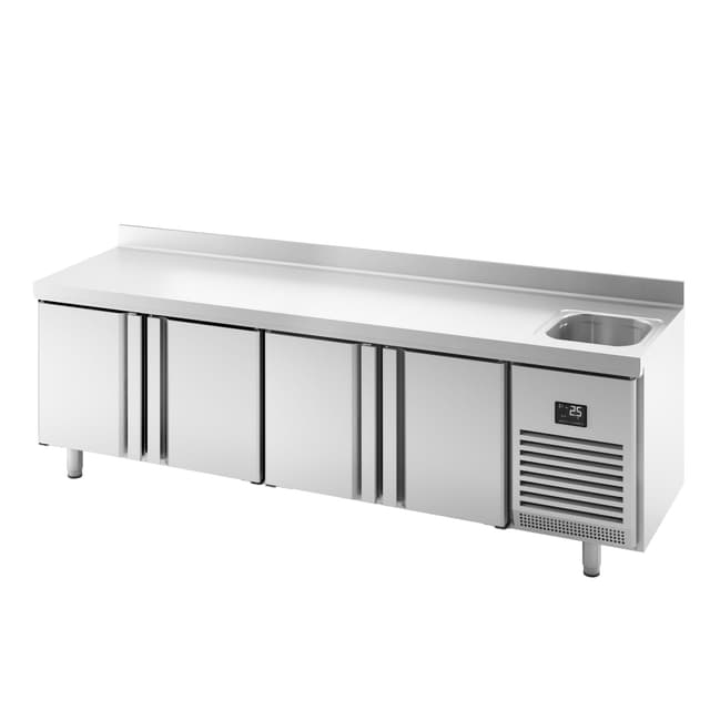 Refrigerated counter Premium PLUS- 2452x600mm - with 1 basin, 4 doors & backsplash