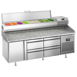 Pizza preparation table Premium PLUS- 1980x700mm - with 1 door & 4 drawers - incl. refrigerated display case - 9x GN 1/4