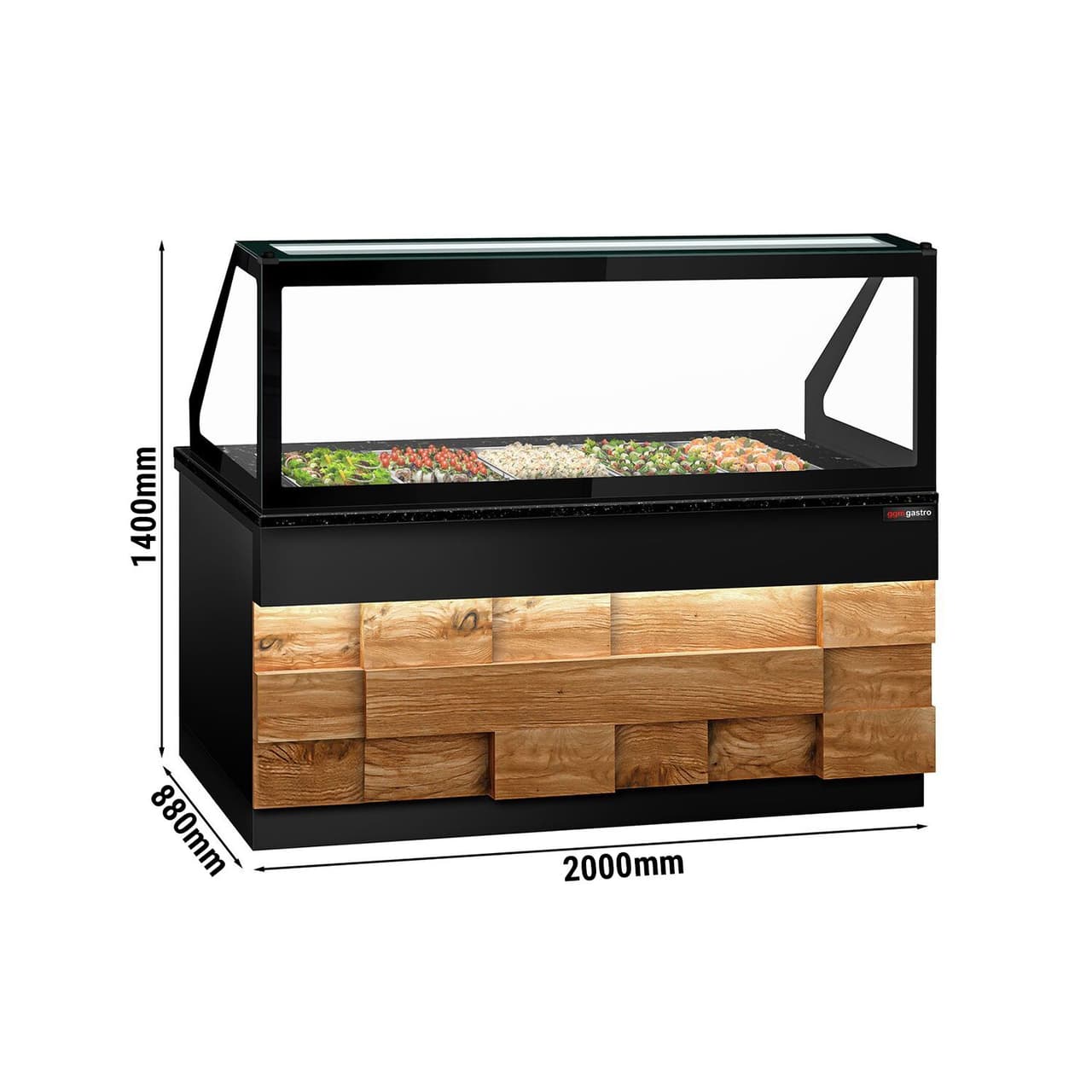 Saladette - 2000mm - 3 doors - for 5x GN 1/1 - LED lighting - wooden front - black granite